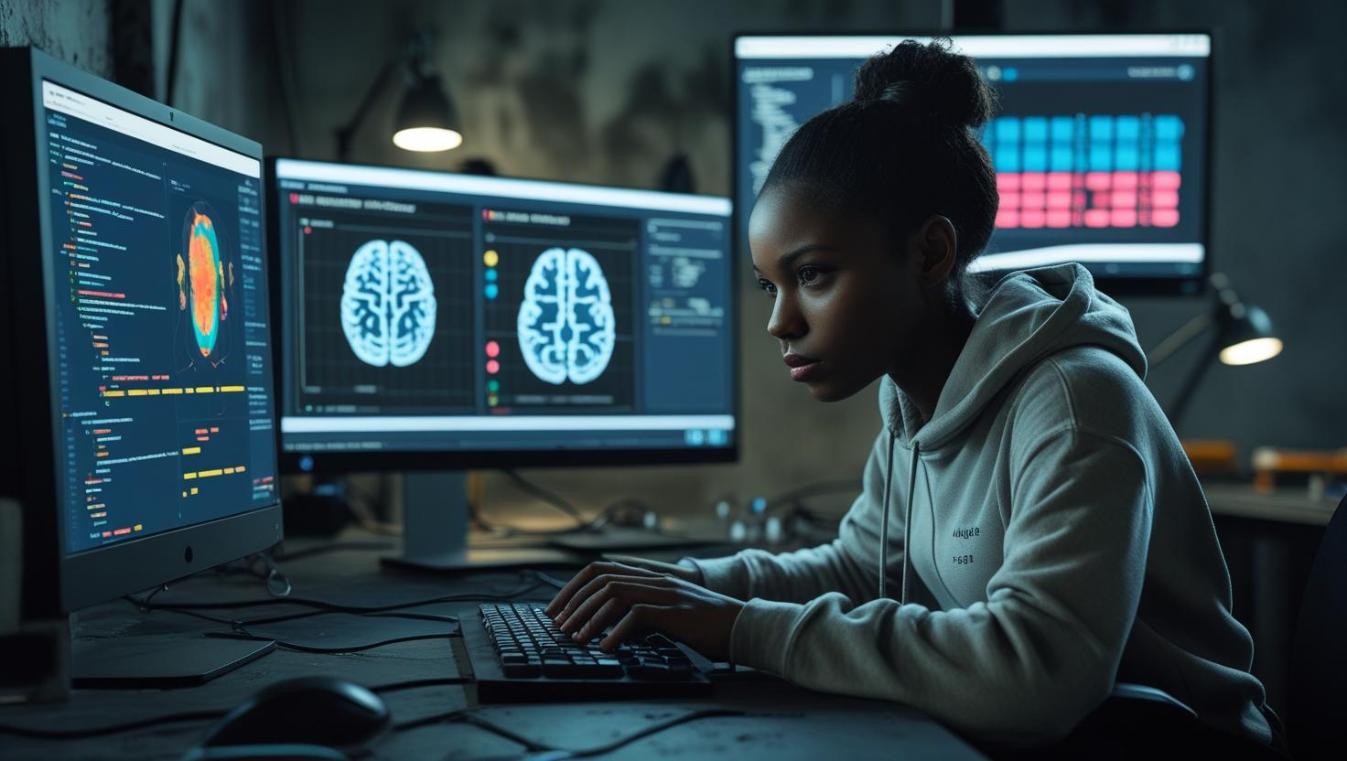 Focused researcher analyzes AI brain scans beside game-inspired data on multiple screens.