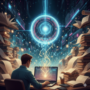 A man sitting in front of a laptop with mountains of books surrounded him. Numerous letters are floating from the laptop screen to the outside going to the holographic circle into the center exactly above the laptop. 