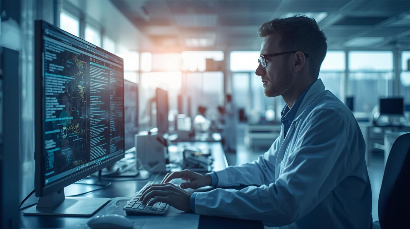 Biotechnology researcher analyzes digital science database inside a bright modern laboratory workspace today.